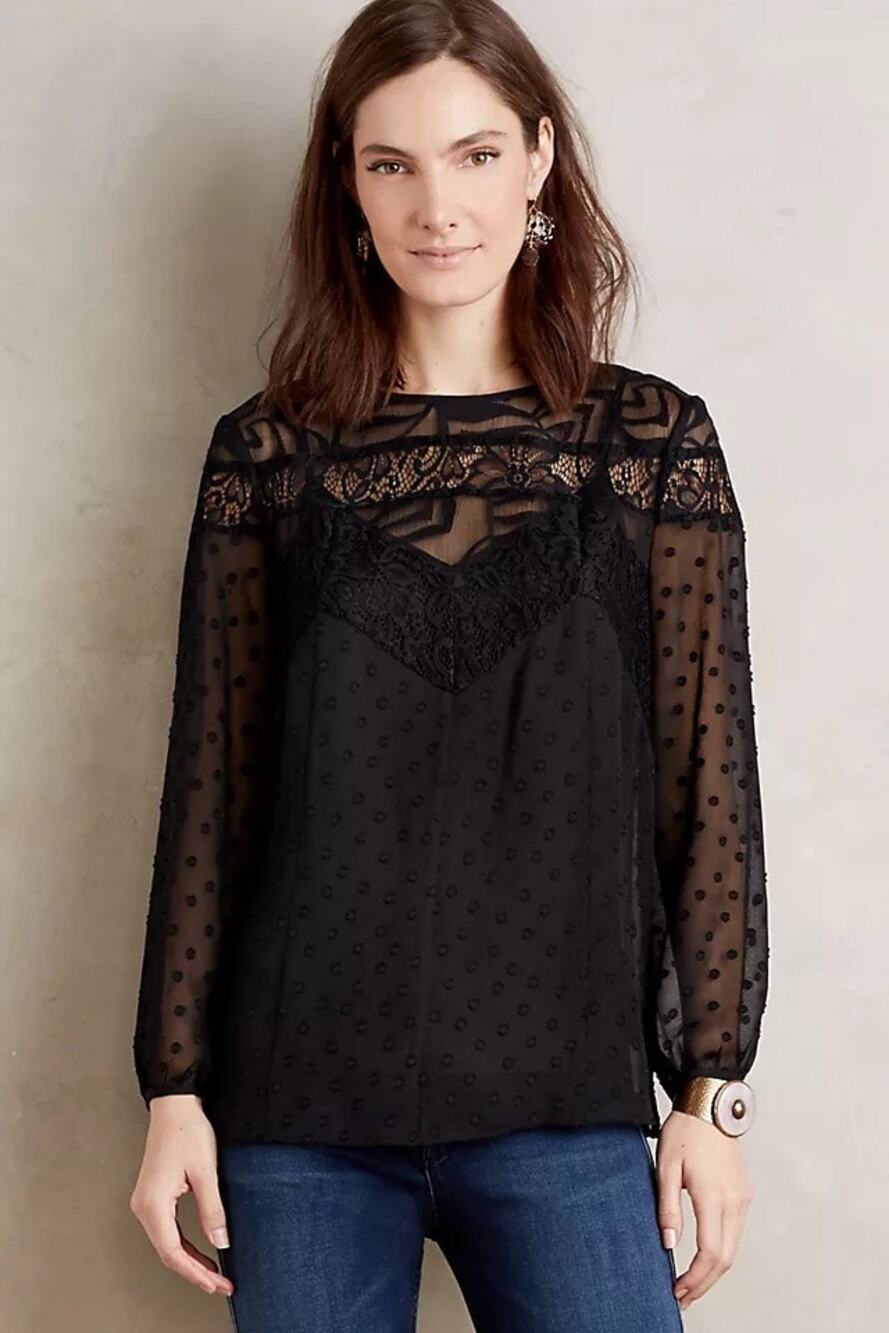 NWT Anthropologie HD in Paris Black Sheer Lace Blouse Top Size 2